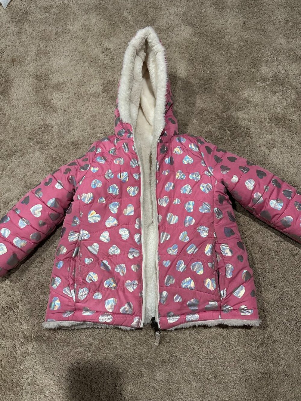 Falls Creek Girls 5T Reversible Puffer Jacket Pink Holographic Hearts White Faux